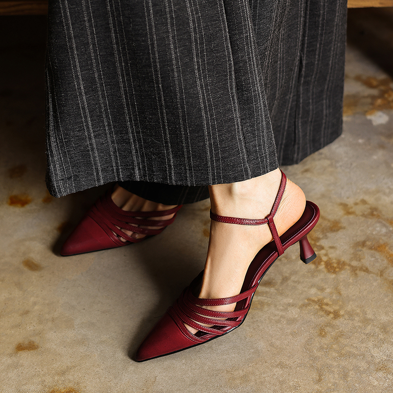 Women's Handmade Washed Full-Grain Leather Strappy Kitten Heel Sandals, Pointed-Toe Ankle Strap Pumps foto 4