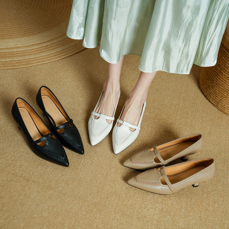 First-layer Cowhide Cloud-step Comfort Retro Pointed-toe Chunky-heel Mary Jane Shoes foto 4