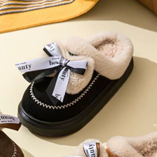 Women's Ribbon Bow Cute Thick Bottom Cotton Half Slippers foto 5
