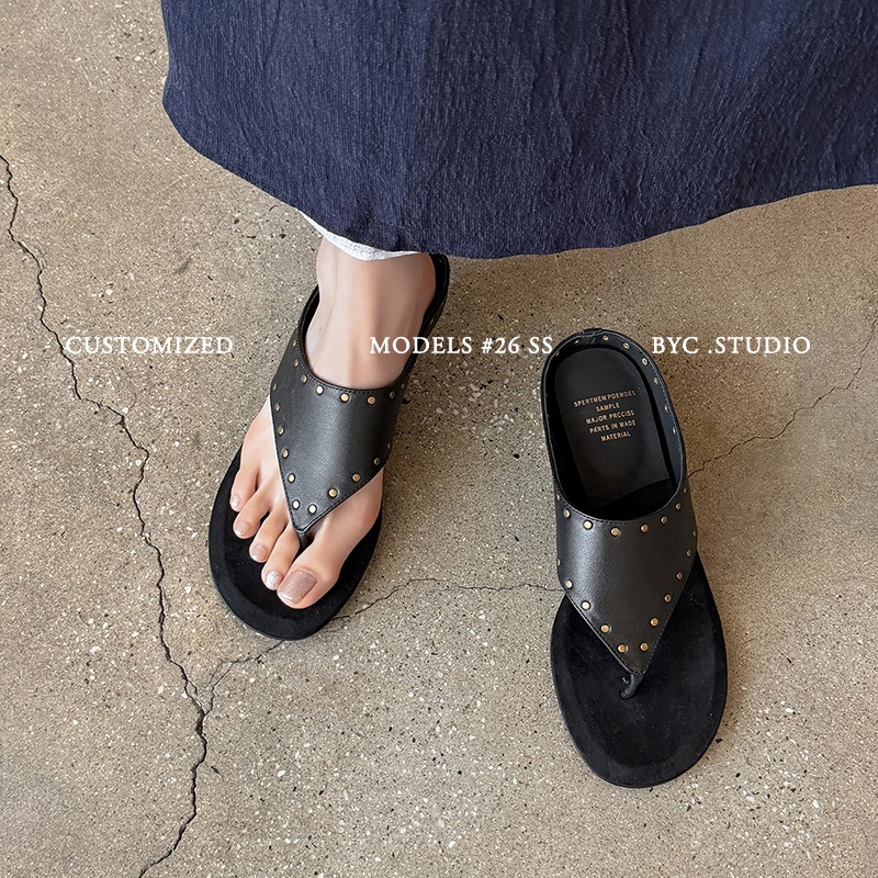 Women's Handmade Washed Cow Leather Studded Thong Mules, Premium Full-Grain Leather Kitten Heel Sandals