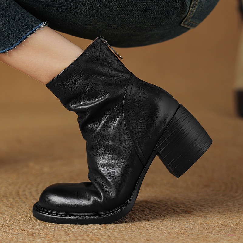 French-Style Retro Brown Round-Toe Ankle Boots foto 2