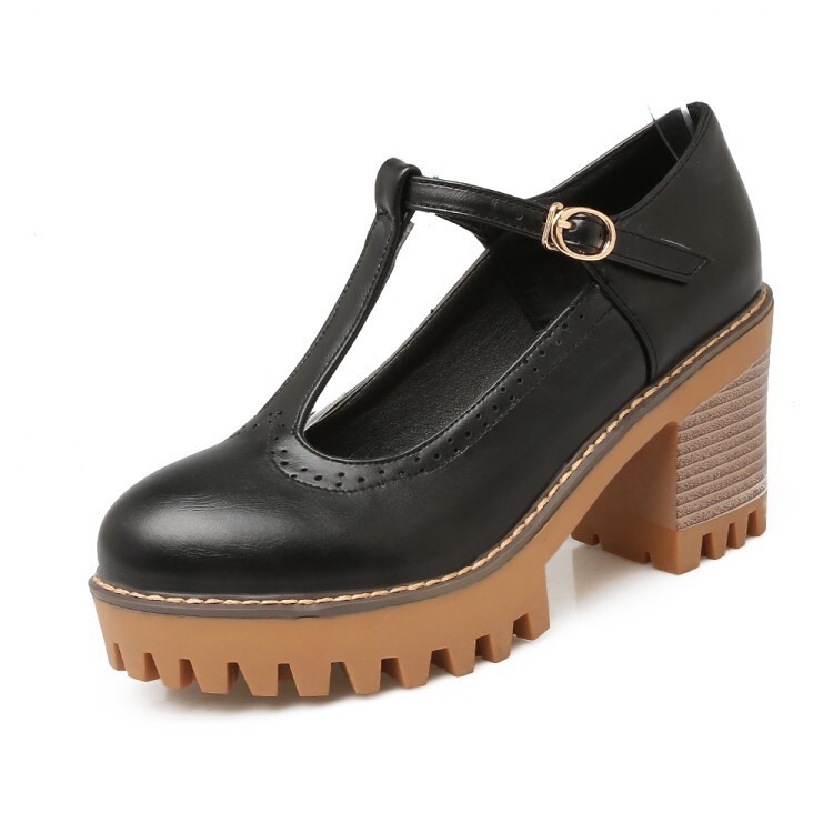 Korean-style Low-Top Single-Buckle Japanese-Style Retro Lace-trimmed Thick-soled Womens High Heels foto 3