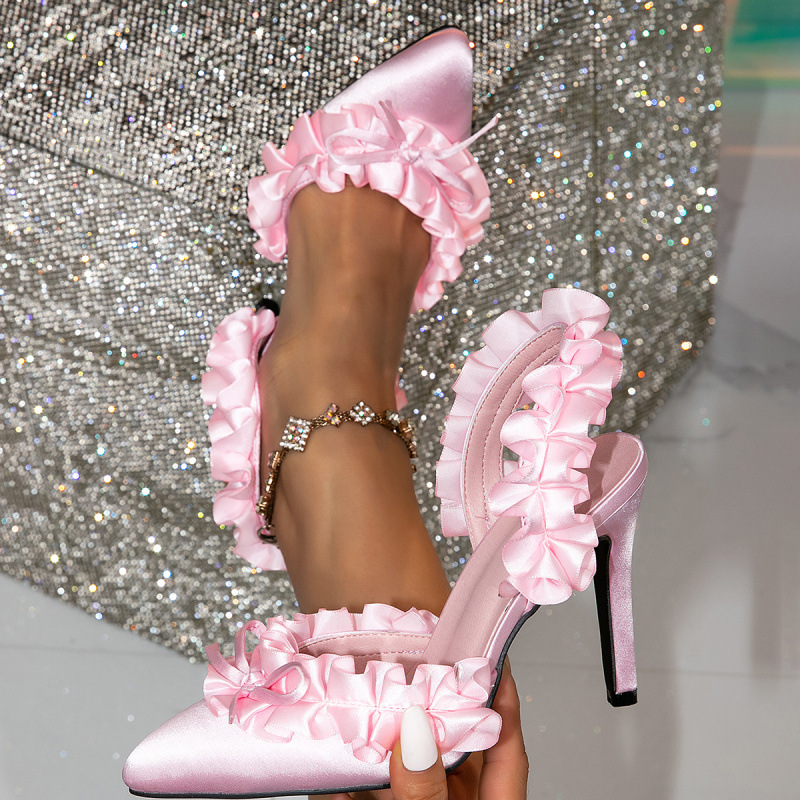 Silk Satin Lace Petal Stiletto Pointed-toe High Heels For Women foto 3