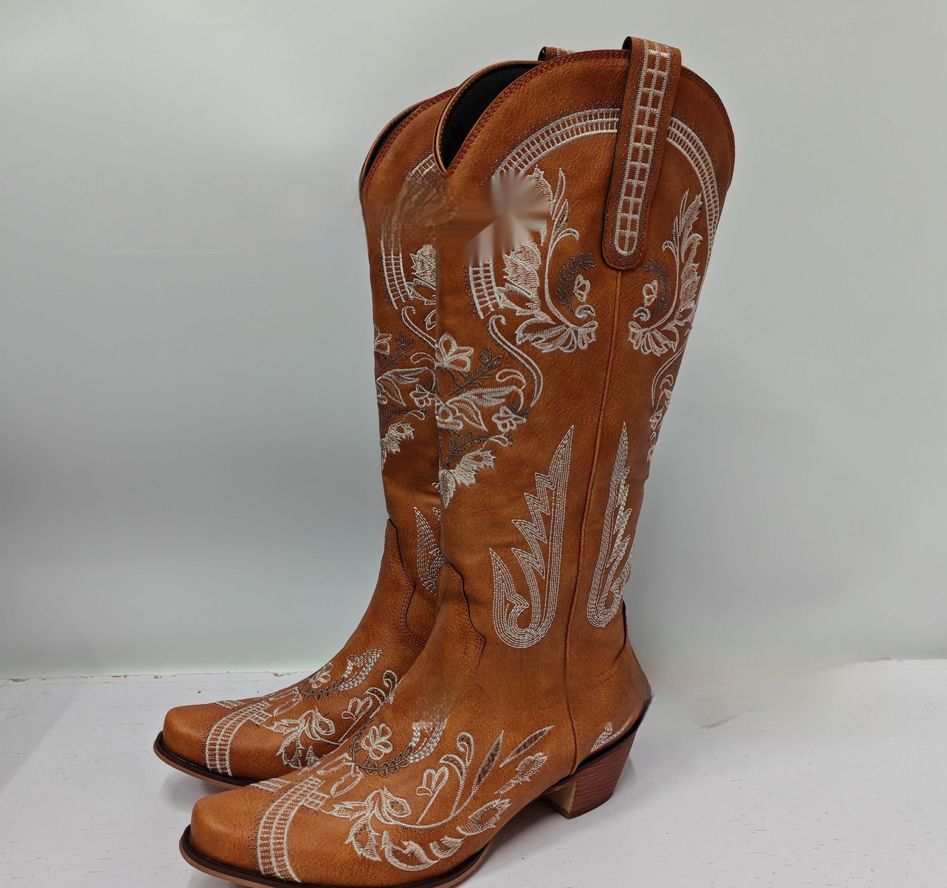 Embroidered Rhinestone Thick High Heel Side Zipper High-top Boots foto 4