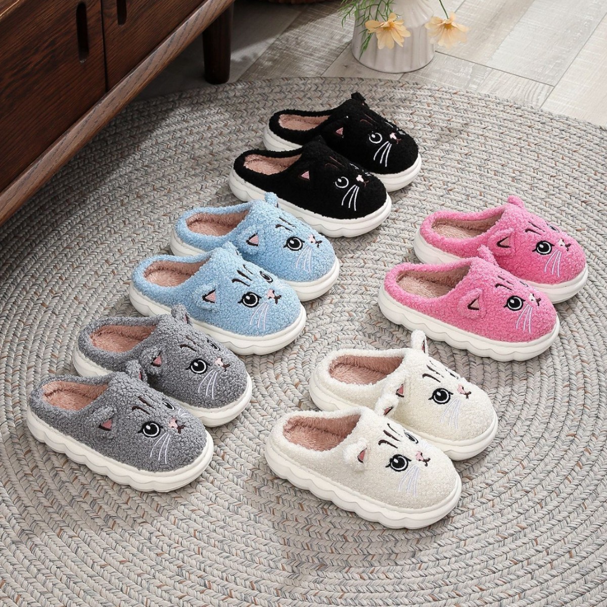 Winter Cartoon Multi-color Cat Fluffy Shoes Home Non-slip Cotton Slippers foto 5