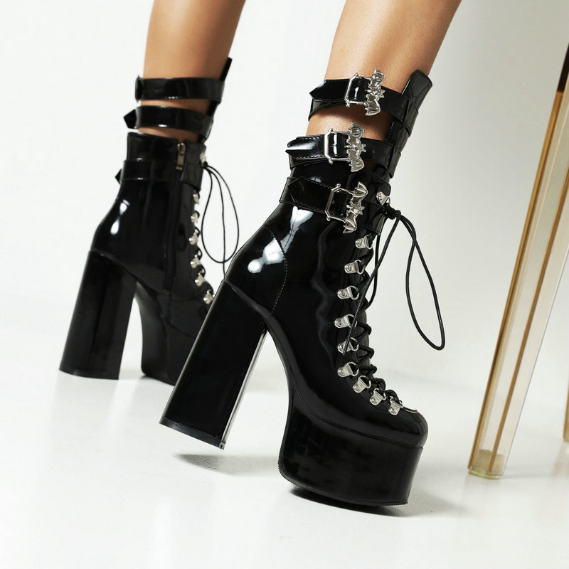 Chunky High-heel Platform Thigh-high Boots Patent Leather Black Square Toe foto 5