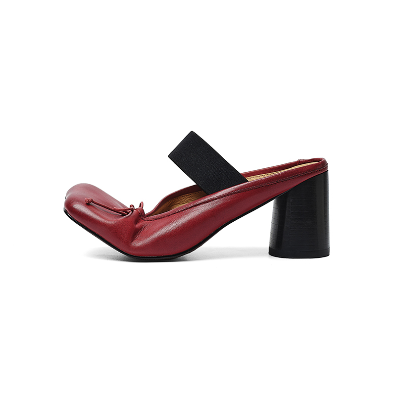 Women's Premium Washed Full Grain Leather Ballet Mules, Elastic Strap Block Heel Sandals foto 4