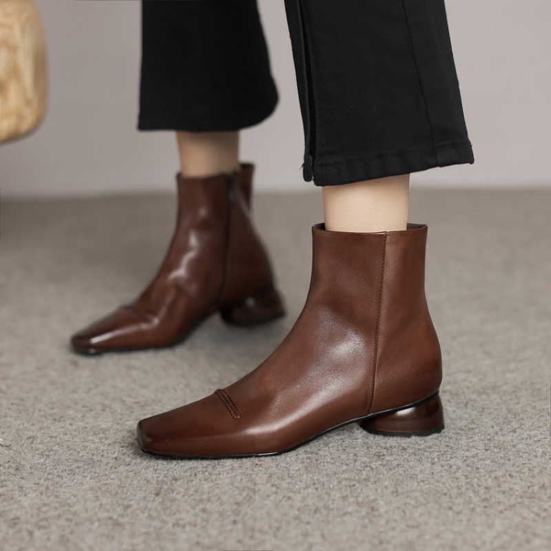 Women's Fashion Cowhide Shoes With A Square Toe, Side Zipper, And Chunky Mid-heel foto 2