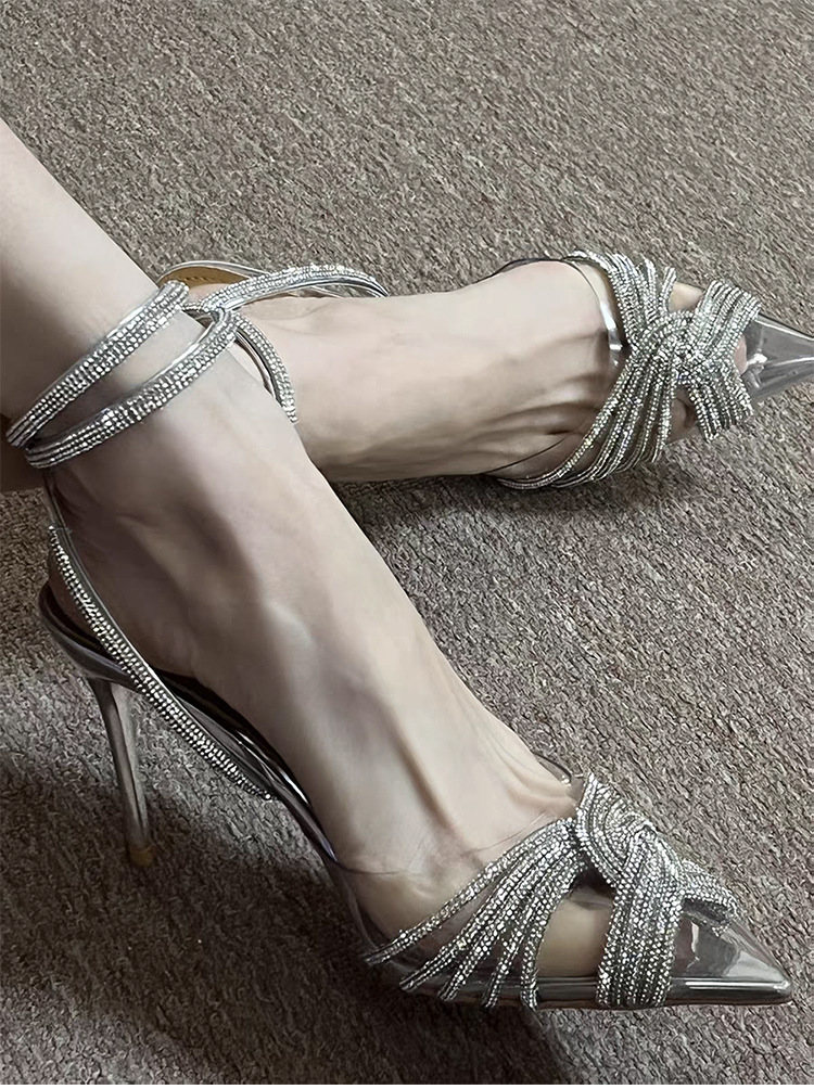 Transparent Cross Sparkling Rhinestones Pointed High Heels For Women foto 2