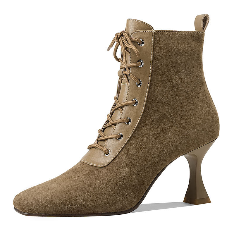 Retro Brown Leather Square-Toe Short Boots With A Stiletto HeelTimeless And Versatile Looks foto 4