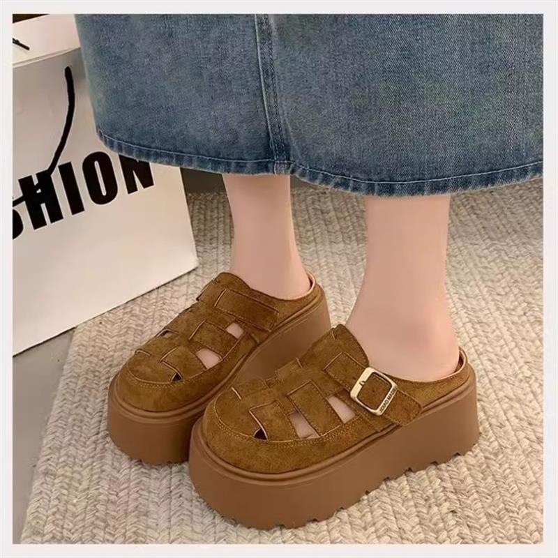 Small Chunky-soled Closed-toe Mule Sandals Hollow-out Roman Style Slippers foto 3