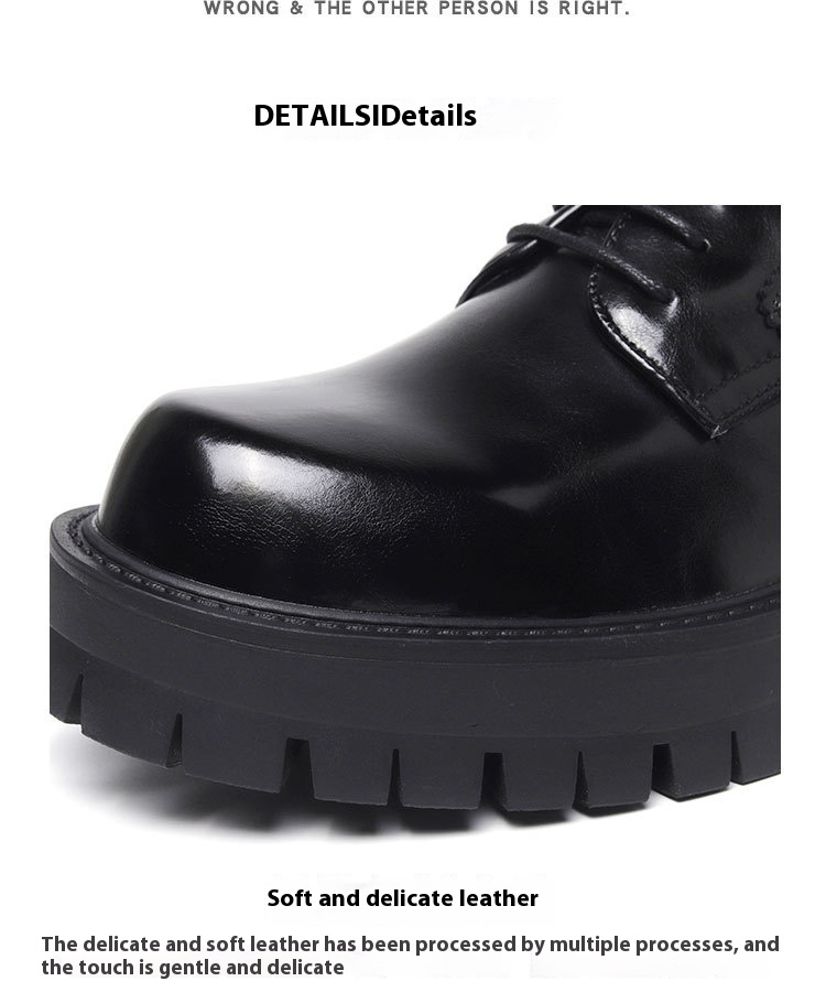 Black Leather Shoes Thick Bottom Elevator Wild Chunky Heel Lace-up foto 3