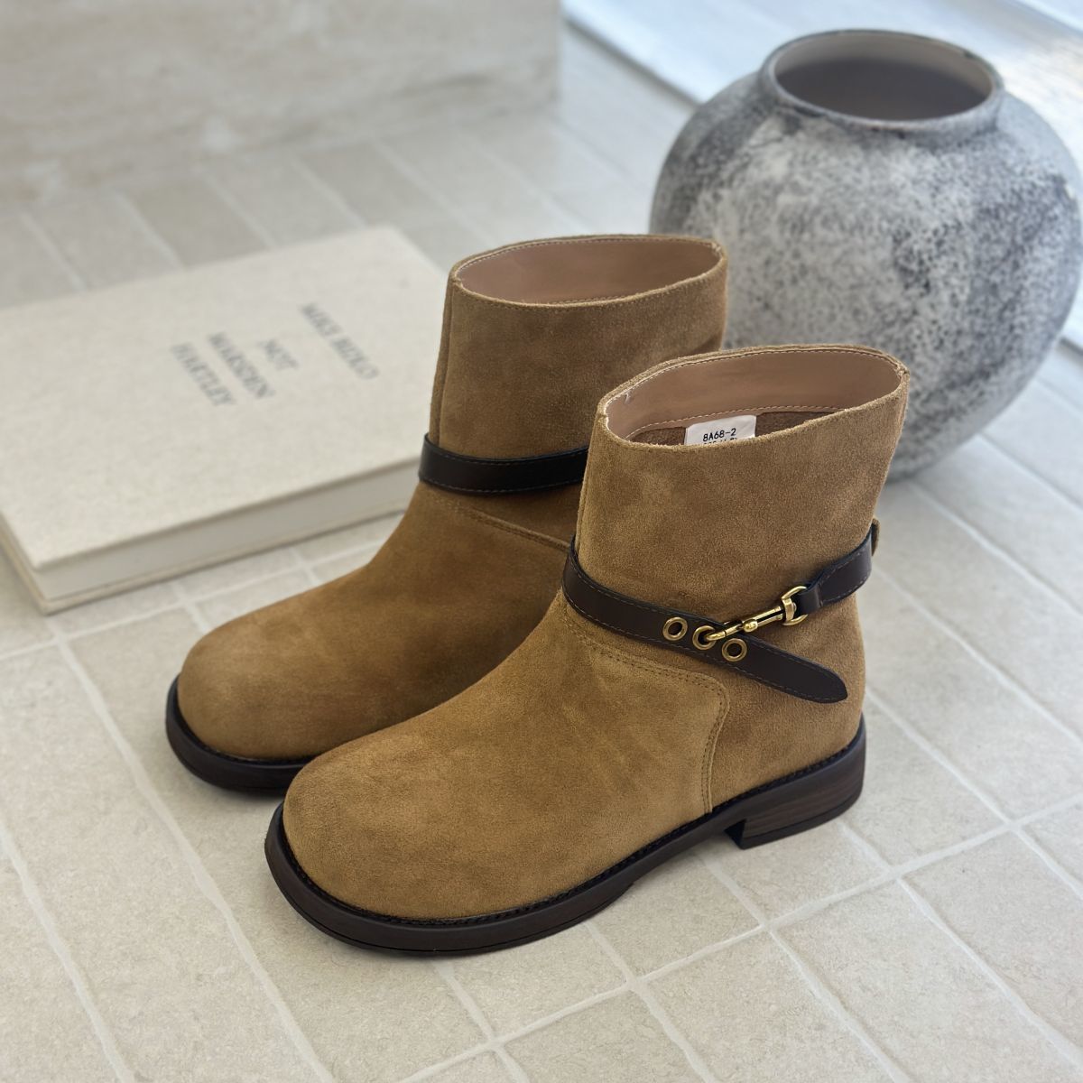 Womens Retro Chunky-Heel Biker Ankle Boots foto 4