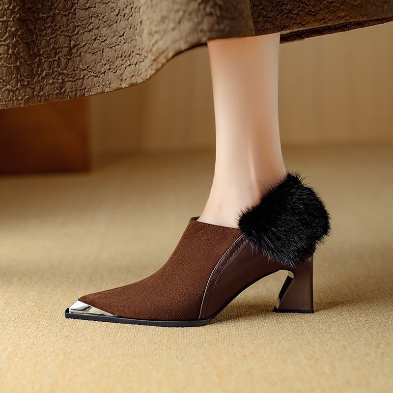 Womens Retro Chic Versatile Metal Pointed-Toe Slimming Cotton Shoes With Zipper And High Heel foto 2
