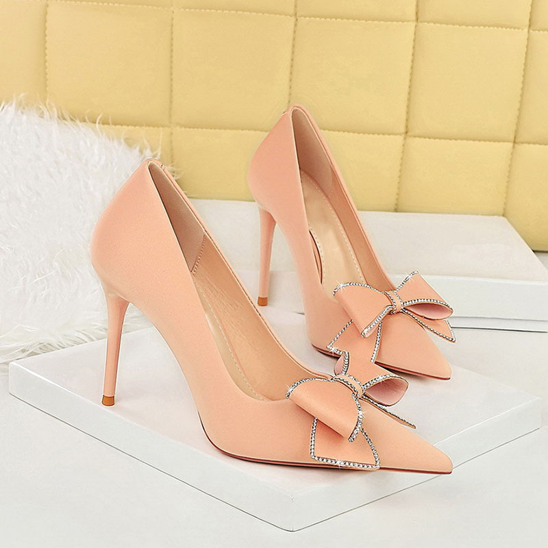Rhinestone Bow Stiletto Heel Pumps Pointed High Heels foto 3