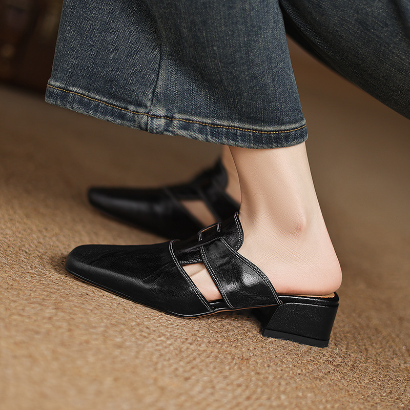 Retro Closed Toe Half Slippers Women's Summer Low Heel Thick Heel Rear Empty Sandals foto 3