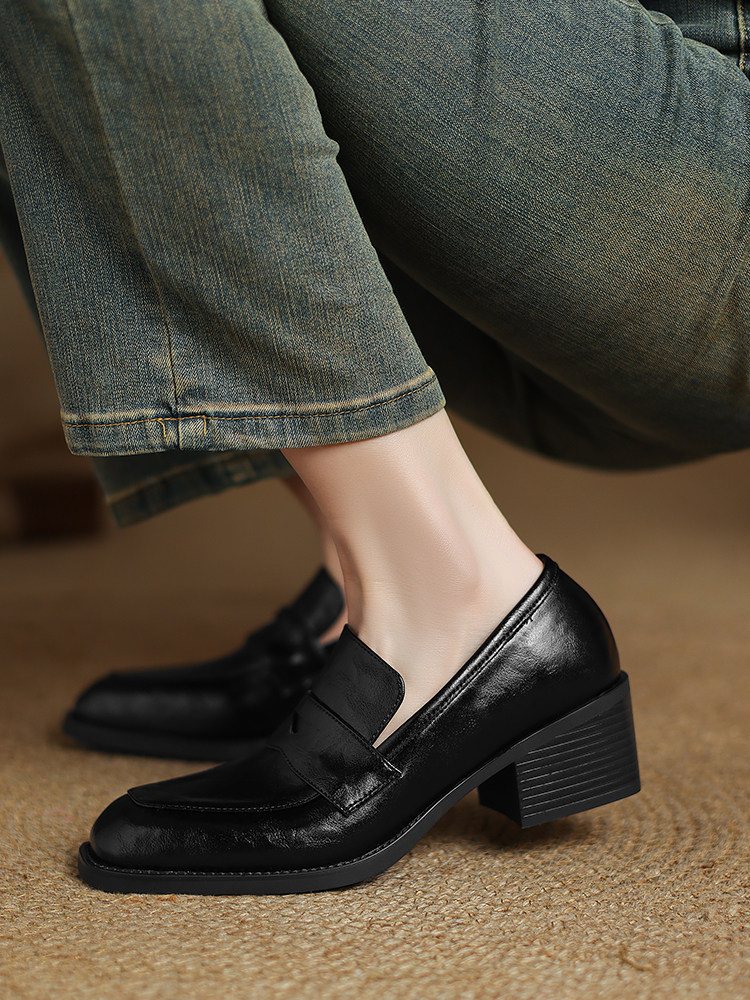 Womens Retro Square-Toe Chunky-Heel Deep-Mouth Loafers foto 4