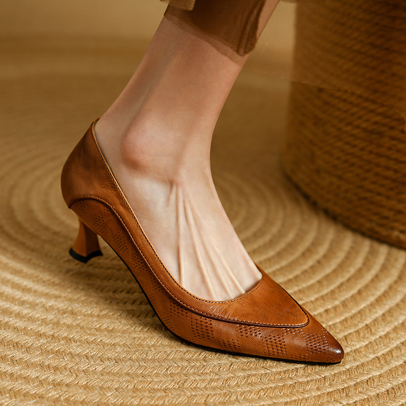 Soft Sheepskin Pointed Toe Stiletto Low-cut Shoes Women's Leather Shoes foto 5