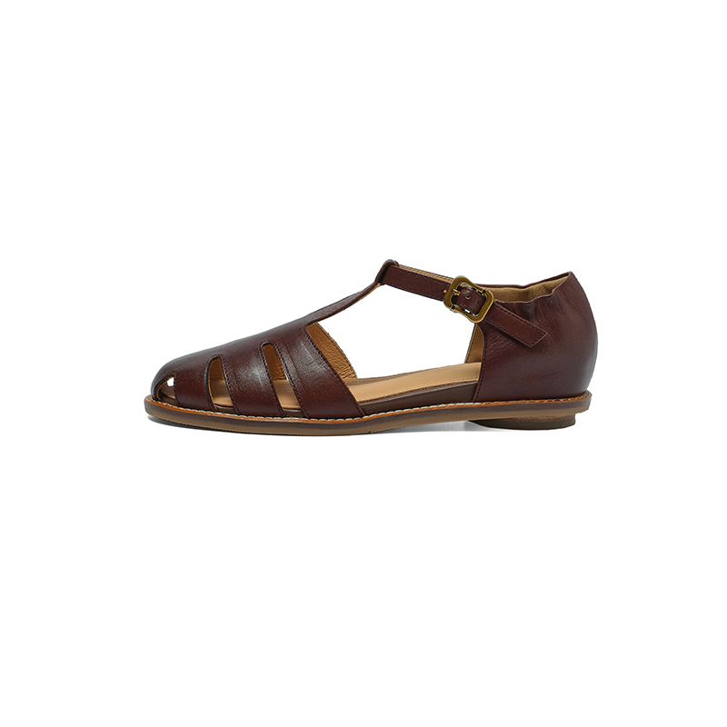 Retro Roman Closed Toe Leather Sandals, Premium Full Grain T-Strap Flats foto 4