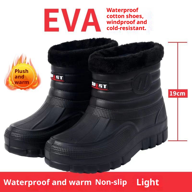 Black High-top Men's Fleece-lined Warm Outdoor Rain Boots Car Wash Construction Site Labor Protection Shoes foto 4