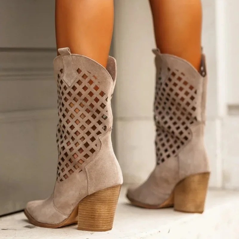 Womens Plus-Size Cutout Mesh Over-the-Knee Short Boots foto 4