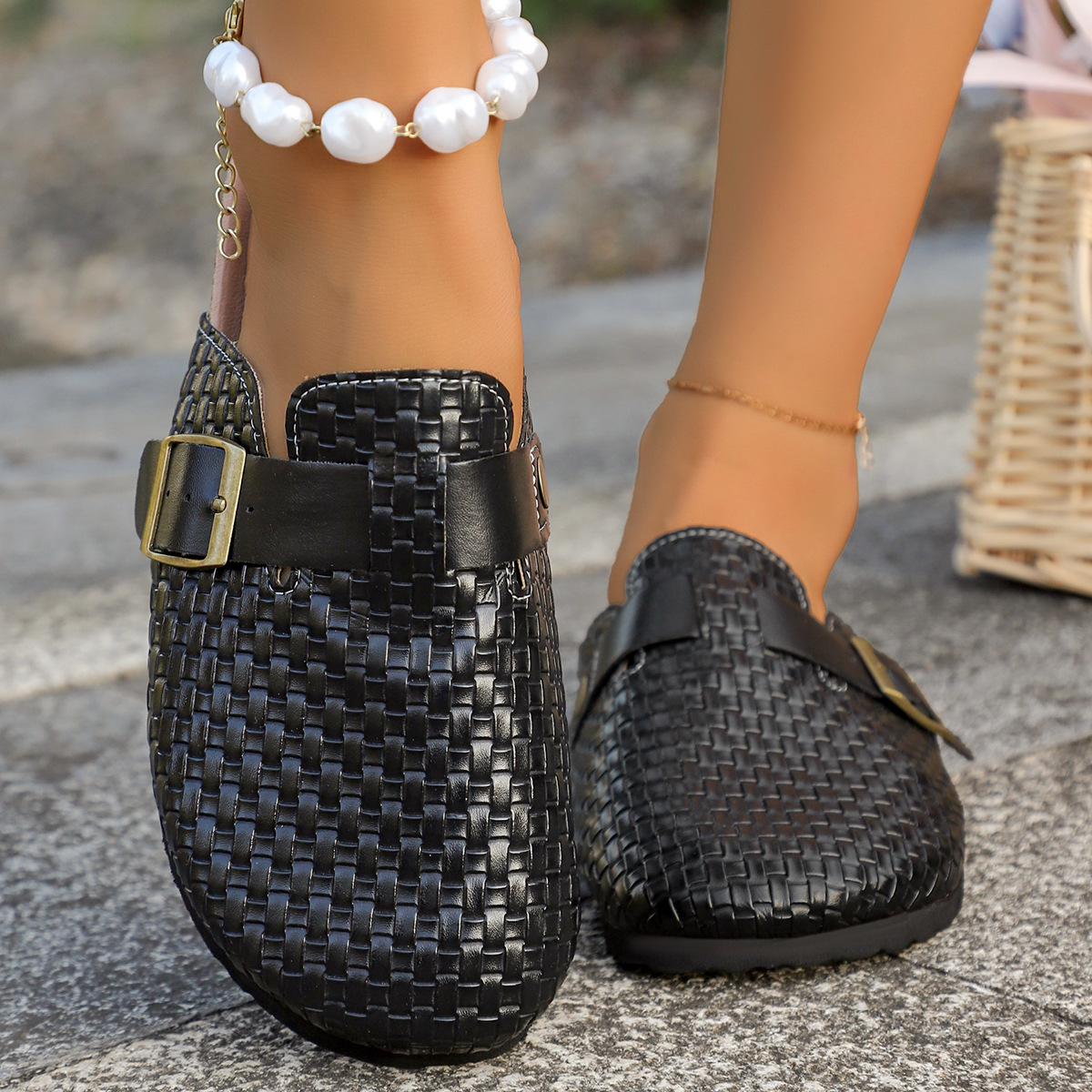 Womens Cork-toe Patterned Leather Belt Buckle Half-slipper foto 5