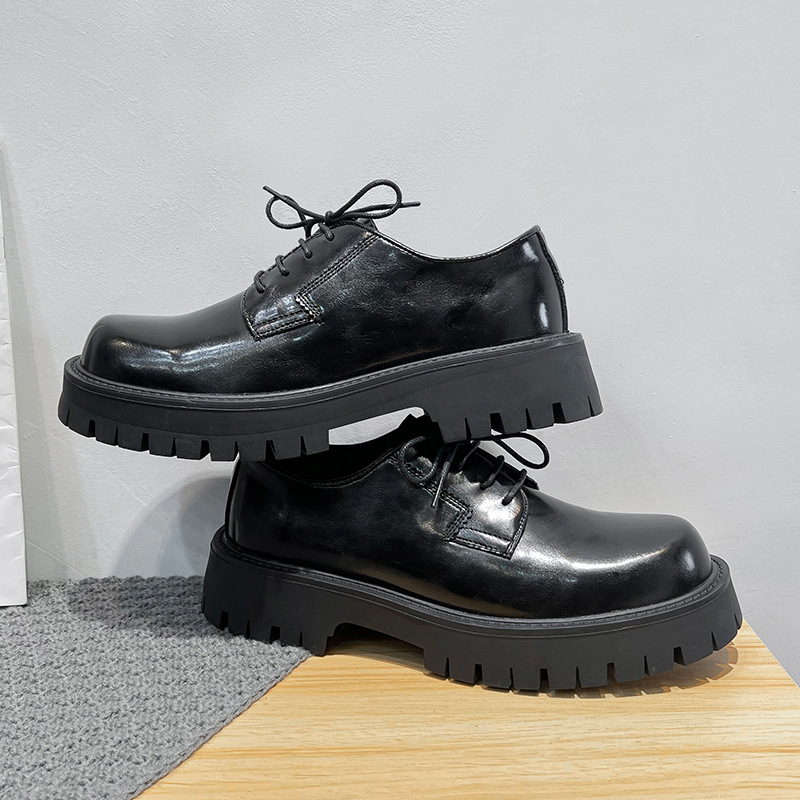 Black Leather Shoes Thick Bottom Elevator Wild Chunky Heel Lace-up foto 5