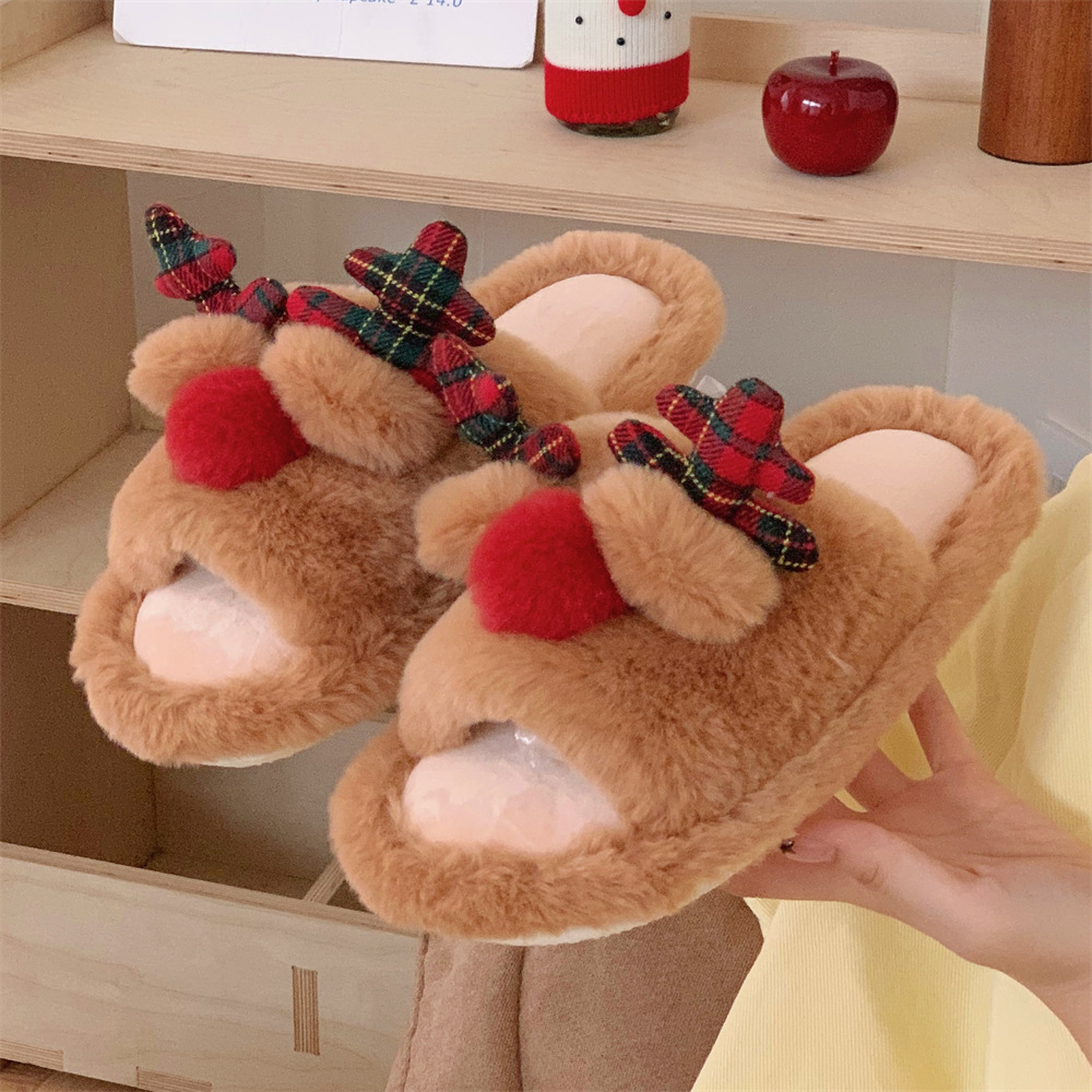 Indoor Cute One-word Cotton Slippers Autumn Women's Cartoon Fluffy Slippers foto 2