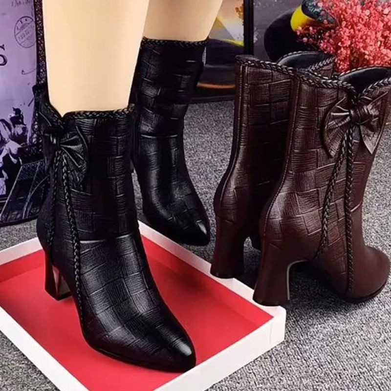 New Fallwinter Velvet Lined Fashion Leather Boots Mid Calf High Heeled Boots foto 3
