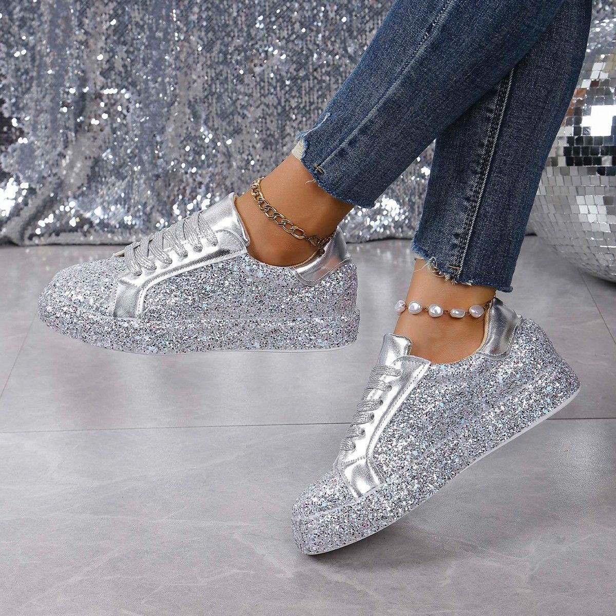 Plus Size Sequins Casual Fashion Shoes Women Front Lace Up Sneaker Women foto 5