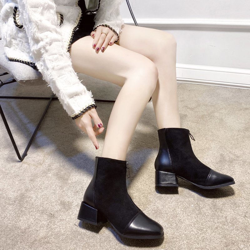 Womens Fashionable Mid-Heel Ankle Boots With Front Zipper foto 4