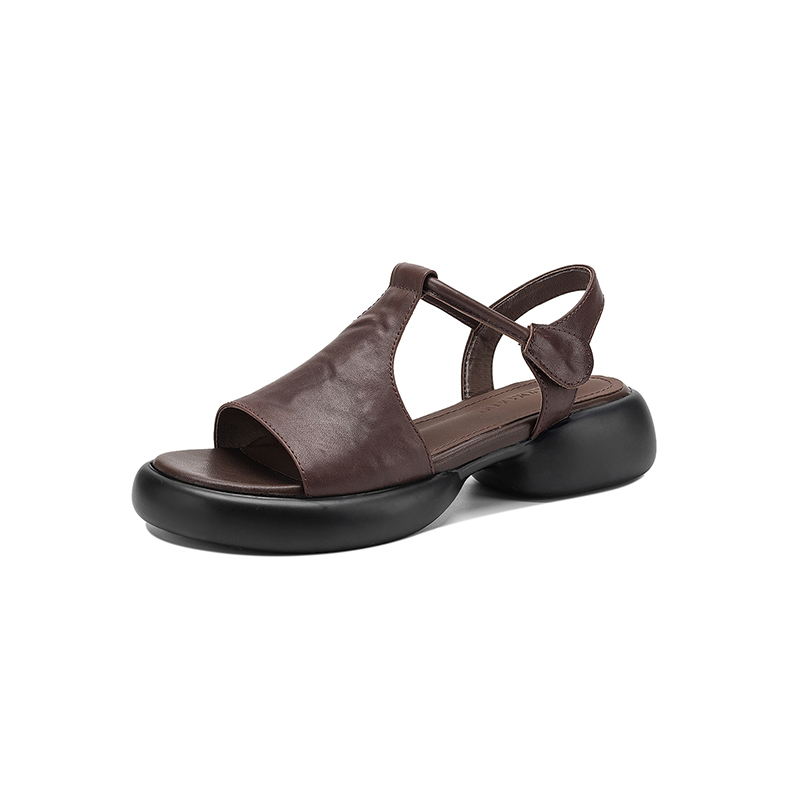 Women's Handcrafted Calfskin T-Strap Platform Sandals, Premium Full-Grain Leather Chunky Heel Shoes