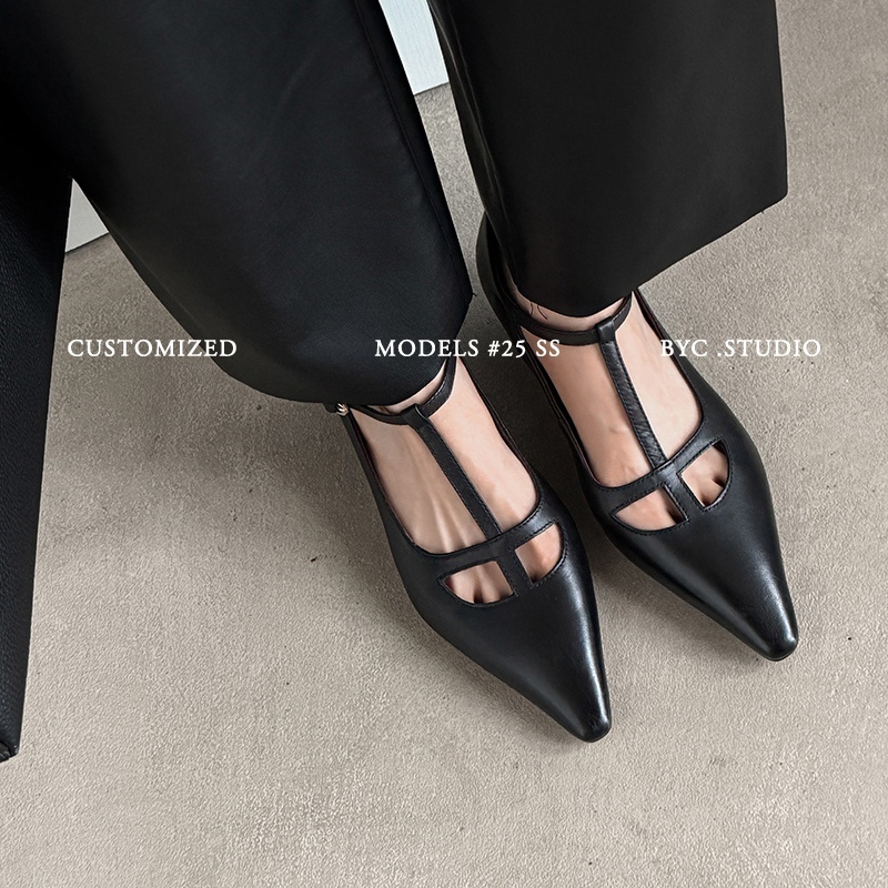 Women's Handmade Full-Grain Leather T-Strap Kitten Heel Pumps, Pointed Toe Mary Jane Shoes