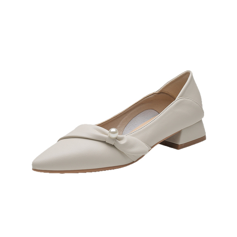 Apricot Pointed-Toe Mid-Heel Four-Season Soft Leather Comfort Shoes