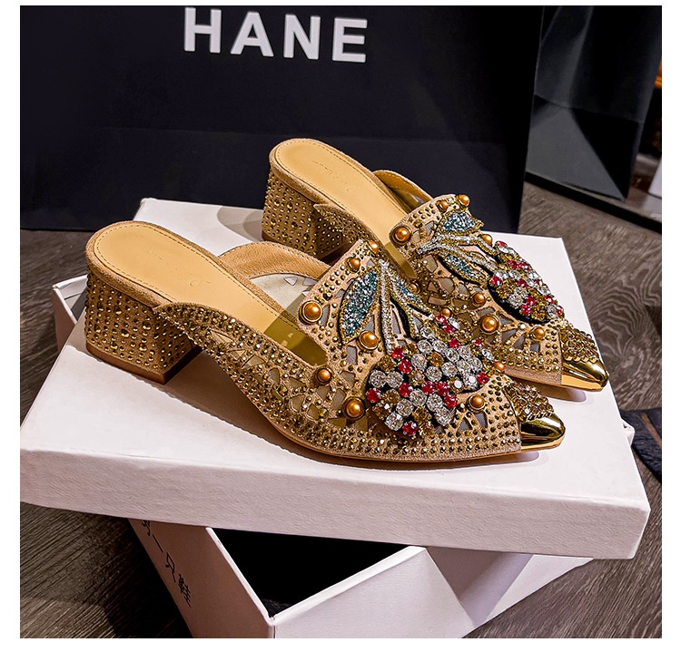 Women's Mesh Chunky-Heel Rhinestone Cherry Pointed-toe Half Slippers foto 2