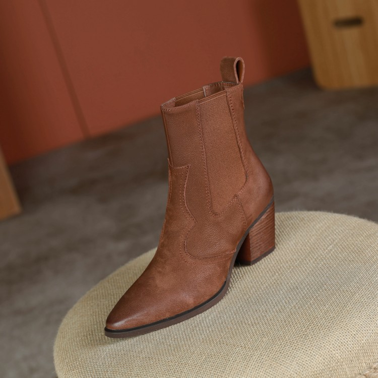 Womens Retro Pointed-toe Ankle Boots With Elastic Band And Chunky Heel foto 5