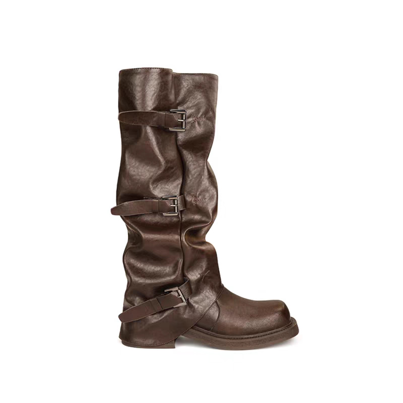 Belt-buckle Square-toe Pleated Mid-calf Womens Boots