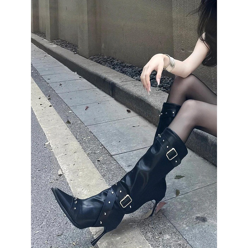 Women's All-Match Belt-Buckle Rivet Long Boots foto 5