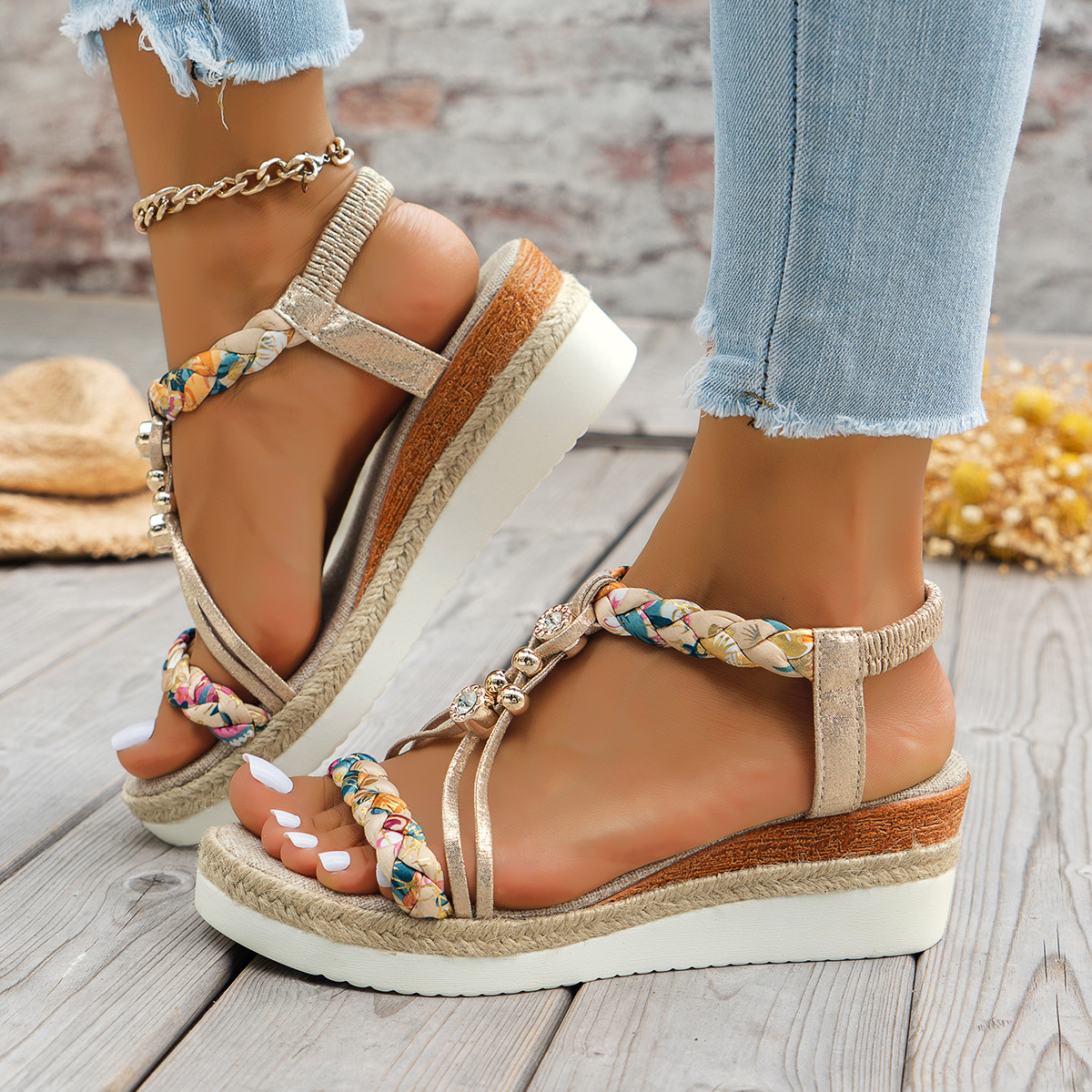 Rhinestone Ornament Wedge Stylish Beach Women's Elastic Strap Sandals foto 3