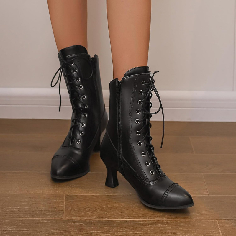 Womens Vintage Granny Renaissance-style Ankle Boots Low-heeled Lace-up Booties With Zippers foto 4