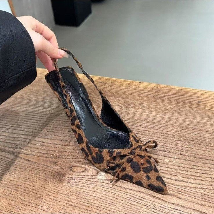 Pointed-toe Leopard-print Bow-covered Sandals Stiletto-heel Peep-toe Pumps foto 4