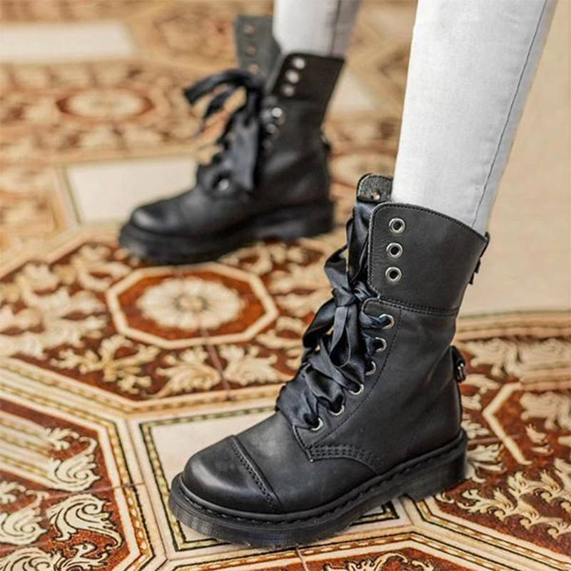 British-style Lace-up Round-toe Flat Ankle Boots For Women foto 4