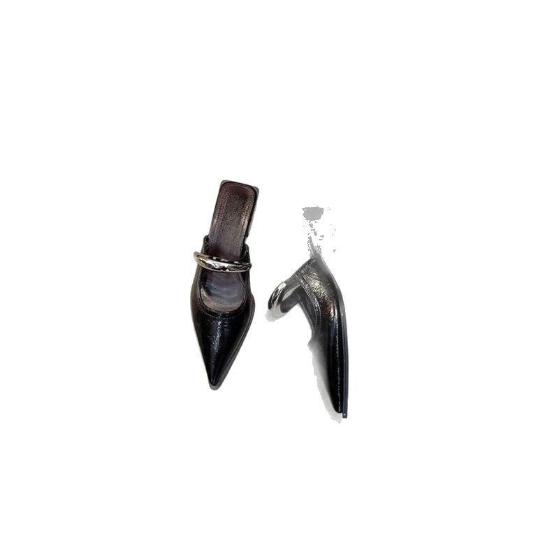 New Spring And Summer Metal Buckle French Style Slip-on Closed Toe Half Slippers For Women foto 5