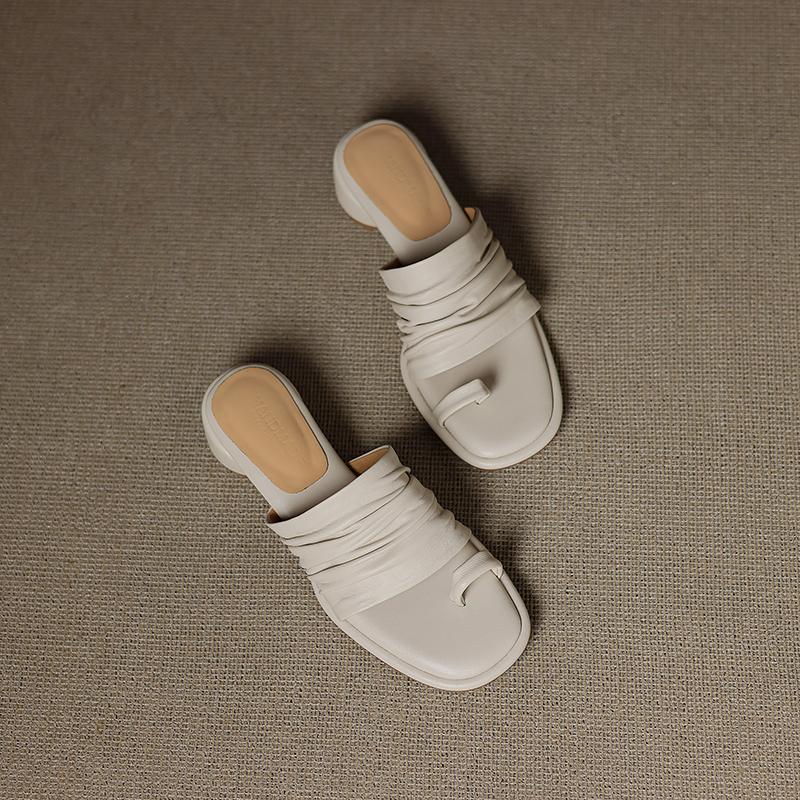 Women's Handmade Genuine Sheepskin Ruched Toe-Loop Block Heel Mules, Square-Toe Slide Sandals foto 3