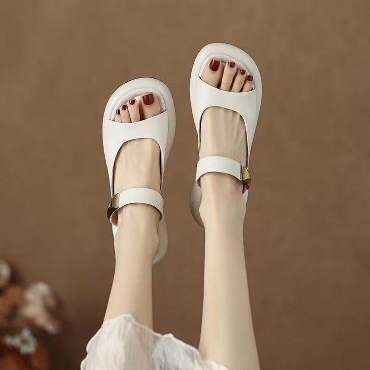 Peep Toe Flat For Outdoors French Soft Leather Platform Sandals foto 2