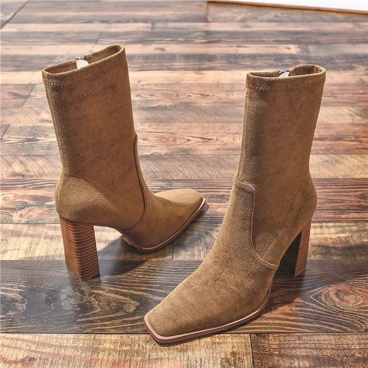 New Square Toe Fleece-lined New Chunky Heel French Boots foto 3