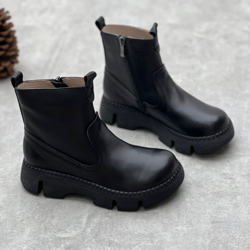 Round Toe All-matching Muffin Bottom Women's Authentic Leather Boots foto 5