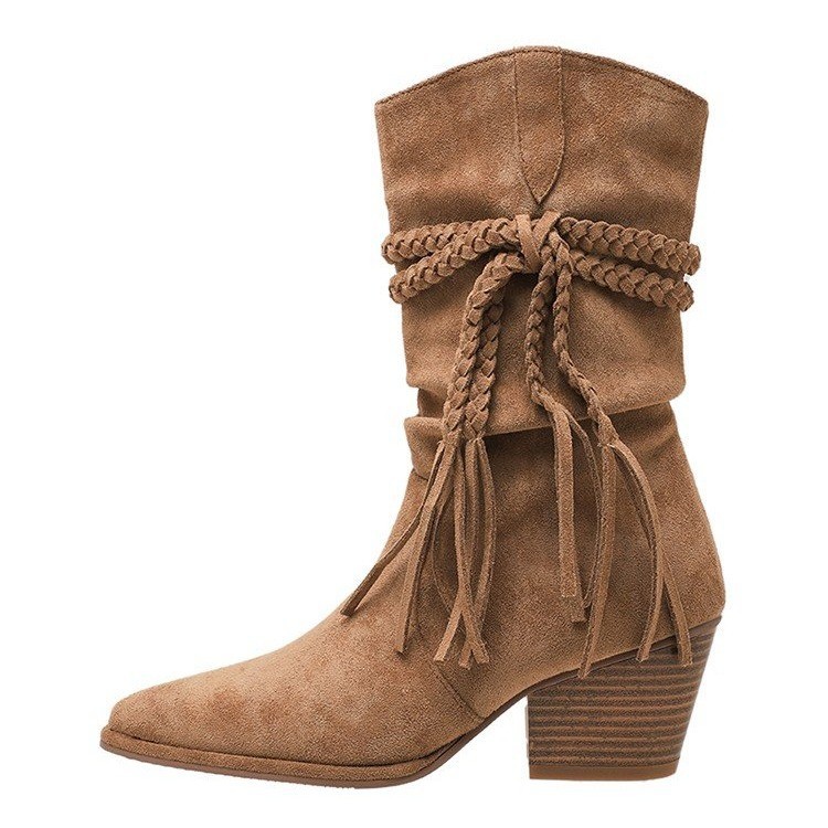 Tassel Hemp Rope Martin Boots Women Pointed Toe Chunky Heel Cowboy Boot foto 4