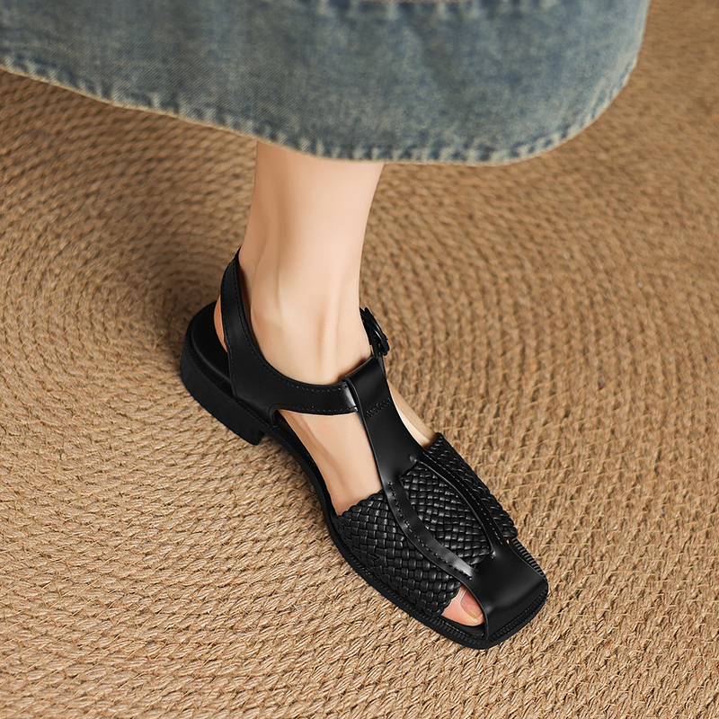 Women's Washed Full Grain Leather Woven T-Strap Sandals, Square Toe Block Heel Closed-Toe Shoes