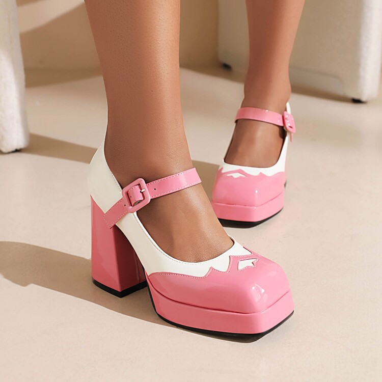 Square-toe Platform Strappy Block-heel Contrast-color Pumps foto 2